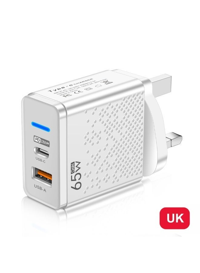 محول شحن سريع 65W PD منفذين (Type-C + USB) - شاحن جدار مع مؤشر LED لجميع هواتف آيفون سامسونج شاومي هواوي ريدمي (مقبس UK) - Image 1
